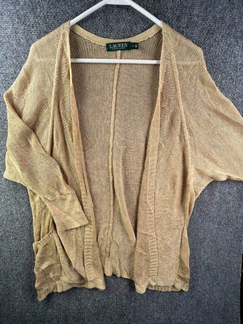 Lauren Ralph Lauren Women Sweater Small Gold Beige Open Open Knit Linen Viscose